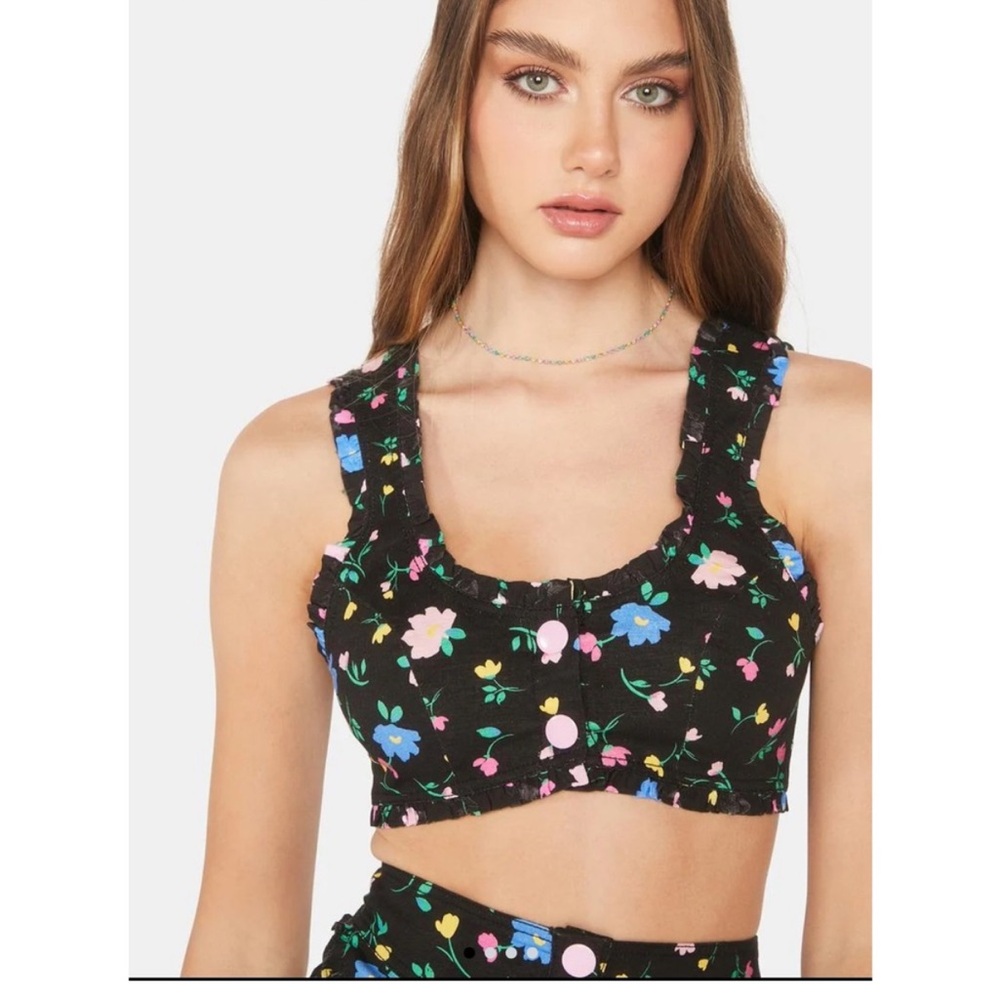 NWT - For Love And Lemons Robin Black Floral Print Square Neck Crop Top